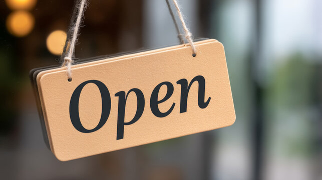 Classic wooden open sign hanging on glass door of business establishment