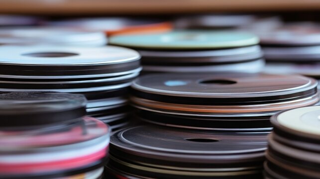 Stacked CDs, shelf, storage, blurry background, nostalgia, data archive