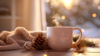 Fototapeta premium Cozy winter morning with a steaming cup of tea near pine cones and warm blanket