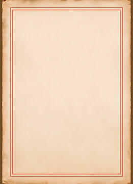 Vintage old book page texture background. Antique stained paper sheet with a minimalist red line border frame and blank copy space type area for a classic poem layout mockup template.