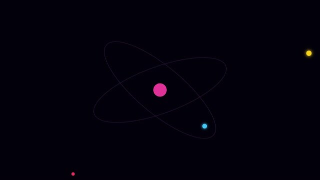 Minimalist atom model animation with orbiting electrons, scientific concept motion 4k science physics
