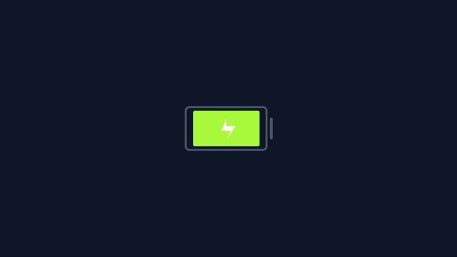 Minimalist battery charging animation with green energy progress bar on dark 4k background, power