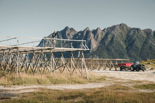 View of traditional wooden fish drying racks in Hovden, Nordland, Norway.