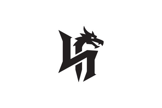 Mysterious dragon head merged with gothic 'lh' monogram for unique branding
