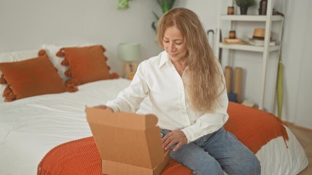 Woman middle aged blonde unpacking a pink tshirt from a box, holding the garment with hands while seated on a bed in bedroom; quiet contentment.