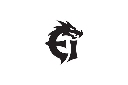 Powerful dragon head emblem integrating elegant ei initials for bold branding
