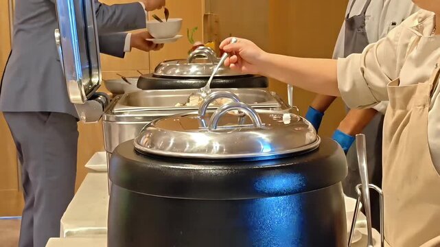 Restaurant server and guest serving porridge soup into a bowl, Buffet Banquet Setting, Fine Dining Event, Hotel Hospitality, Cafeteria Staff