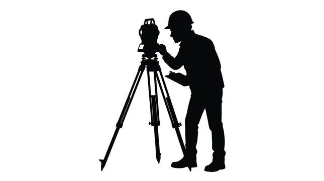 Professional surveyor silhouette operating a total station tripod device while standing on white background surface