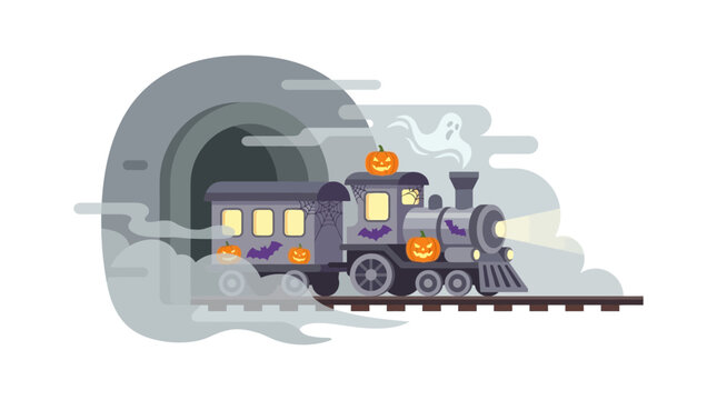 Halloween spooky ghost train locomotive with jack-o-lanterns emerging from tunnel