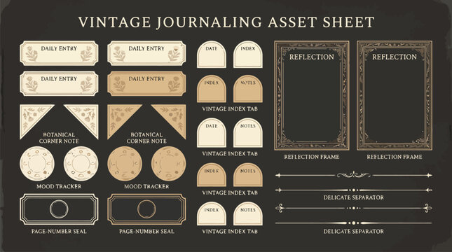 Vintage journaling asset sheet, botanical corner slots and reflection frames, antique mood tracker and index tabs vector set