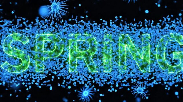 Green glowing spring word in microscopic blue environment