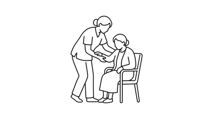 Obraz premium Caregiver helping elderly woman sitting in chair vector line art illustration