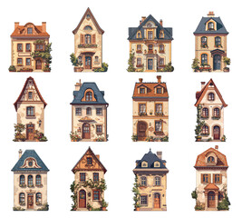 Fototapeta premium Set of cartoon stylish old classic European stone houses decorated with plants and flowers, architecture, roof, chimney, doors, beautiful, vector illustration