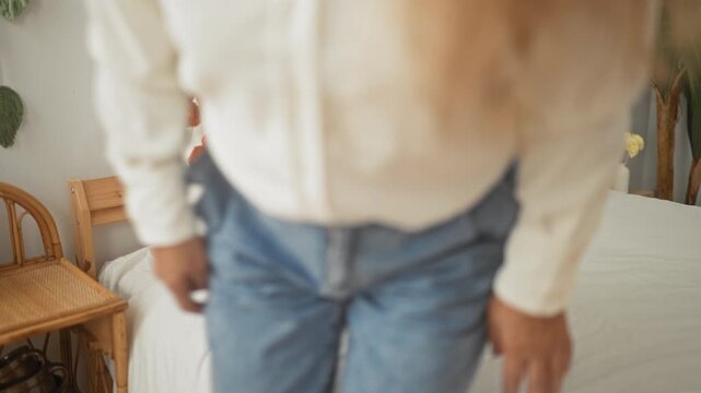 Woman lying on bed with knees bent and hand resting on thigh in a domestic building, wearing white shirt and jeans; relaxation.