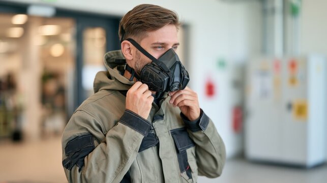 Male individual wearing a black gas mask adjusts it while dressed in a gray protective jacket inside a well-lit indoor environment with blurred background elements