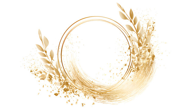 Golden leaves outline. Gold border framing. Pieces of gold foil scattered on a single wedding frame. Glittering gold waves as a backdrop. Brushy strokes of gold. Watercolor effect with gold. Golden im