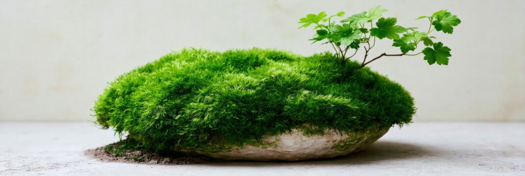Lush green moss covered rock with small sapling for minimalist nature background and tabletop decor design in neutral studio setting