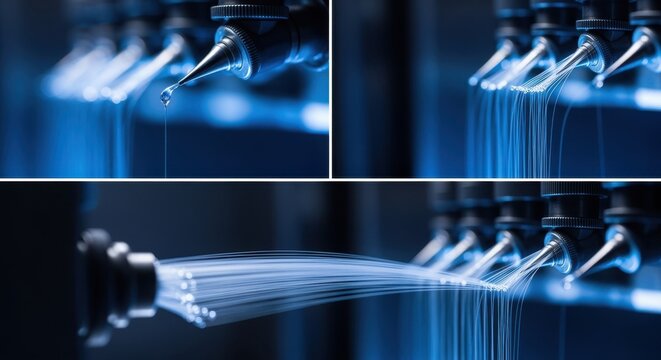 Multiangle closeup of nanotube fiber spinning nozzles releasing continuous strands for orbital elevator cable research.