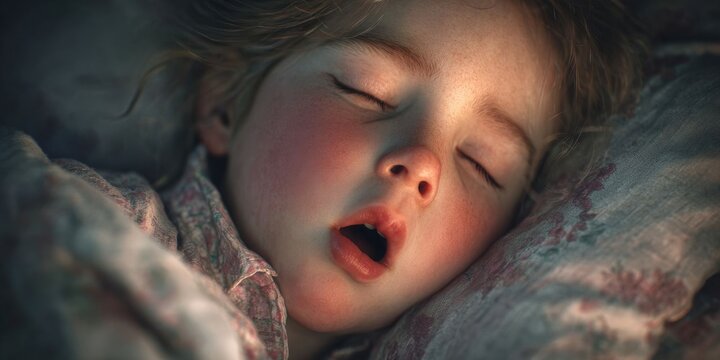Young Girl Sleeping Restlessly in Bed with Open Mouth and Snoring