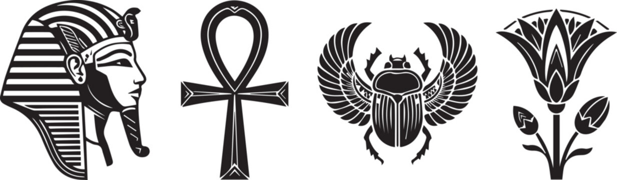 Ancient Egyptian pharaoh symbol with Coptic cross and scarab beetle. Vector illustration of cultural and religious icons for history and spirituali...