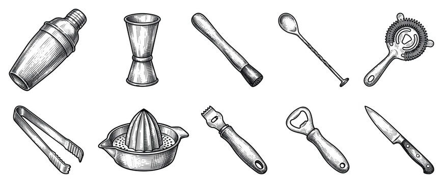 Bartender tools icons set. Cocktail making and bar equipment concept. Includes shaker, jigger, muddler, bar spoon, strainer, ice tongs, citrus reamer, zester, bottle opener, knife