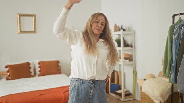Woman in white shirt raises her arm and leans sideways with hand on hip beside bed and clothing rack in building; calm reflection.