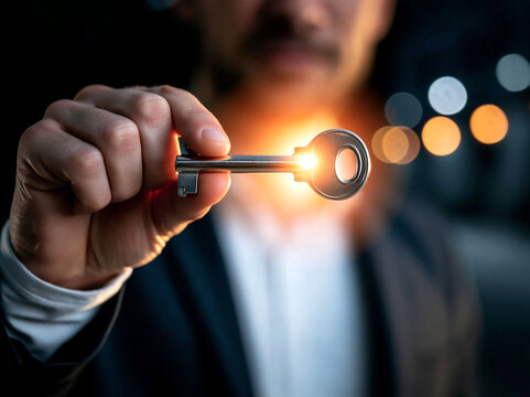 Professional man holding a glowing key