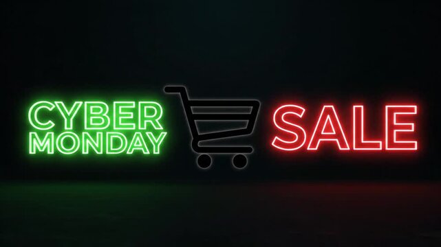Green neon Cyber Monday text and shopping cart icon