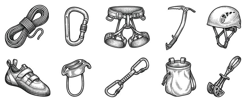 Climbing gear icons set. Mountain sports and adventure concept. Includes rope, carabiner, harness, ice axe, helmet, climbing shoe, belay device, quickdraw, chalk bag, camming device