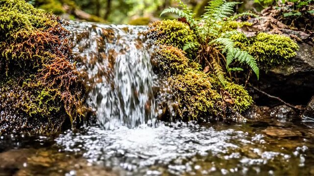 Small forest waterfall cascading over green mossy rocks