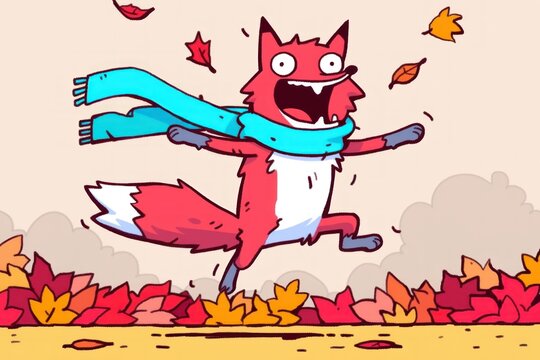 Joyful fox leaps autumn leaves, park, fall