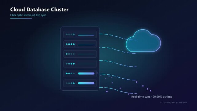 Cloud database cluster with fiber optic streams and live sync data transfer animation 4k