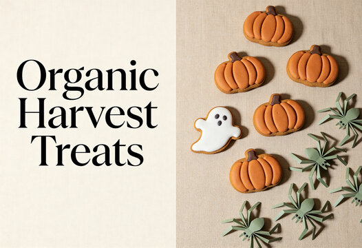 Organic harvest treats, halloween pumpkin, ghost treat, autumn spider, fall snack, festive decor, seasonal food, holiday flat lay concept.