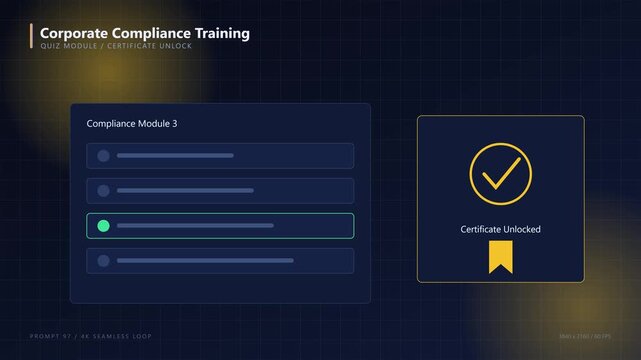 Corporate compliance training quiz module and certificate unlocked animation 4k