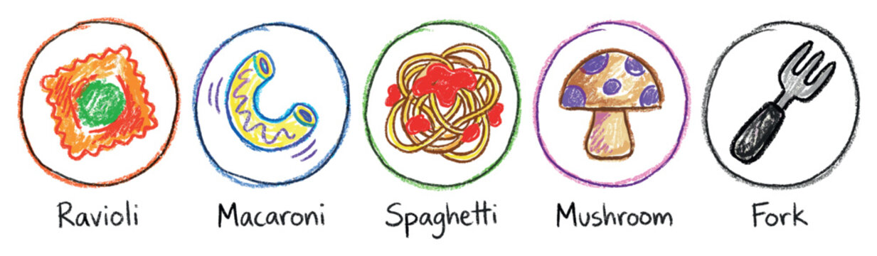 Food icons set. Italian cuisine and cooking concept. Includes ravioli, macaroni, spaghetti, mushroom, fork. Hand-drawn crayon style