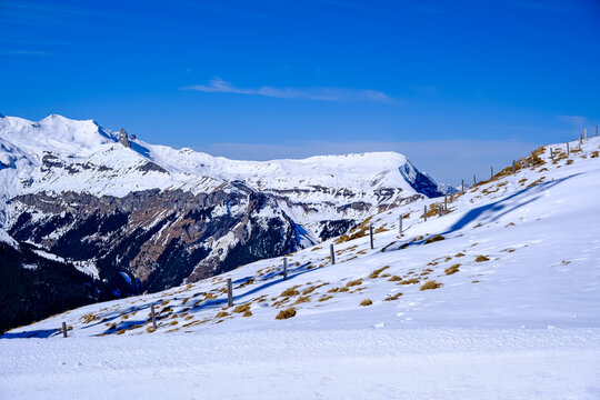 A beautiful wide-angle shot capturing a steep alpine hillside covered in snow and winter grass patches under a vibrant blue sky in the Bernese Oberland. A row of wooden fence posts cuts diagonally acr