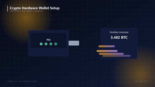 Crypto hardware wallet setup: usb sync, pin verify, and portfolio unlock animation 4k bitcoin