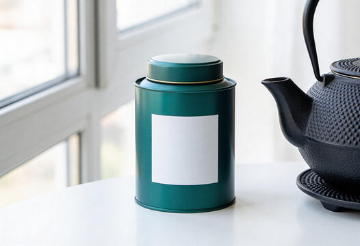 Green tea tin canister, black cast iron teapot, blank label mockup, loose leaf tea storage container, traditional tea set on table, metal tea box packaging, tea tin mockup, empty white label jar.