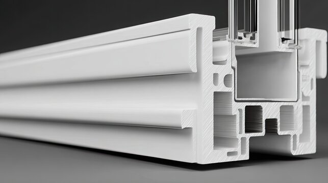 Cross section of white PVC window frame profile.
