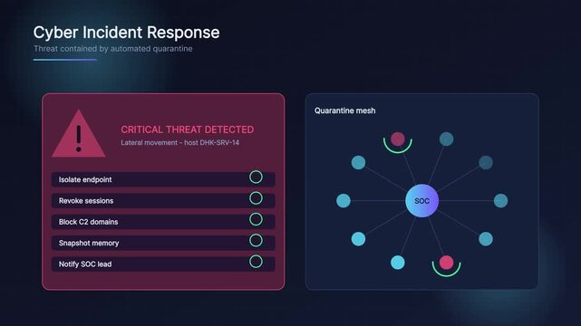 Cyber incident response dashboard: automated threat quarantine and soc network security monitoring interface animation 4k