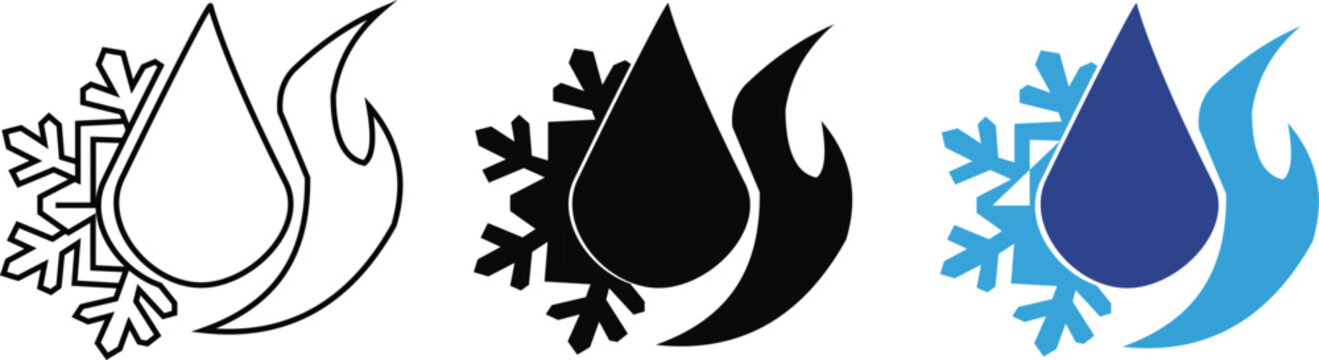 Set of water drop icons with snowflake and flame symbols
