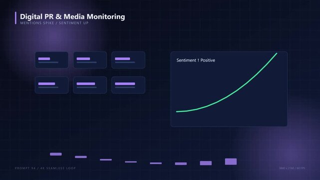 Digital pr and media monitoring dashboard with positive sentiment growth chart and analytics metrics animation 4k