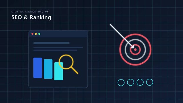 Digital marketing seo and ranking strategy: search engine optimization and target audience growth animation 4k