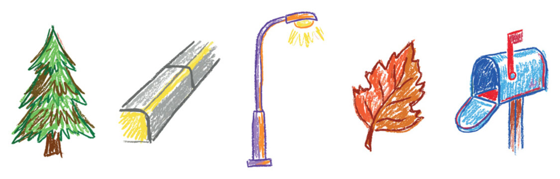 Outdoor elements icons set. Nature and urban objects concept. Includes pine tree, road, street lamp, autumn leaf, mailbox. Hand-drawn doodle style
