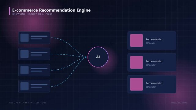 E-commerce recommendation engine: ai browsing history data analysis visualization animation 4k