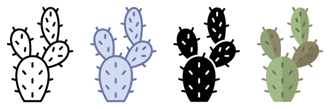 Cactus icons set. Desert plant and succulent concept. Includes prickly pear cactus, nopal, desert flora, succulent plant, thorny plant. Flat, line, and solid styles