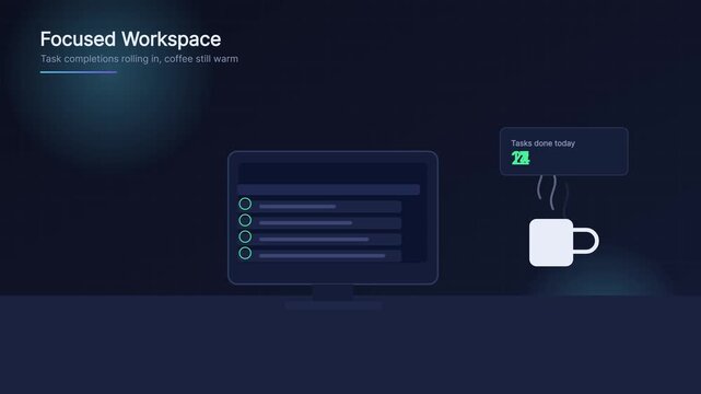 Focused workspace task management animation with coffee cup and progress tracker for productivity and business efficiency 4k