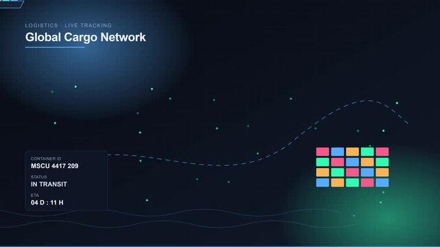 Global cargo network logistics live tracking interface with digital shipping container data visualization and supply chain animation 4k