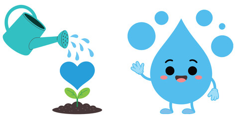 Fototapeta premium Cartoon water drop mascot holding heart shaped watering can for garden care, nature, and cute eco themed vector design