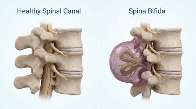 Spina Bifida Defect and Healthy Spinal Canal Anatomy Comparison